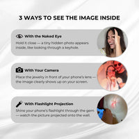 Thumbnail for Pink Photo Bracelet instructions highlighting three ways to view the hidden image: with the naked eye, camera, and flashlight projection.