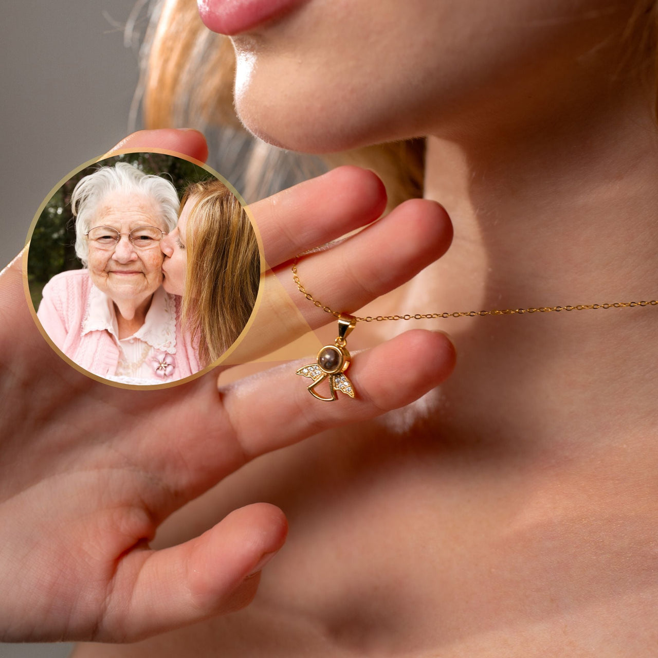 Angel Photo Personalised Necklace  - Photo Necklace - Photo Projection Necklace Necklace Gold Brother & Sisters