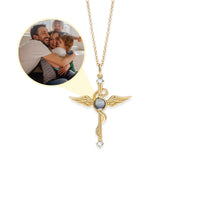 Thumbnail for Protection Photo Necklace by Brother & Sisters featuring a cross design with a gemstone and a family photo.