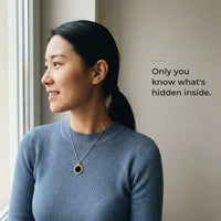 Thumbnail for Woman wearing the black rose gold round pendant, only she knows the photo inside | SKU: TPH-RNDN-ROSEGOLD