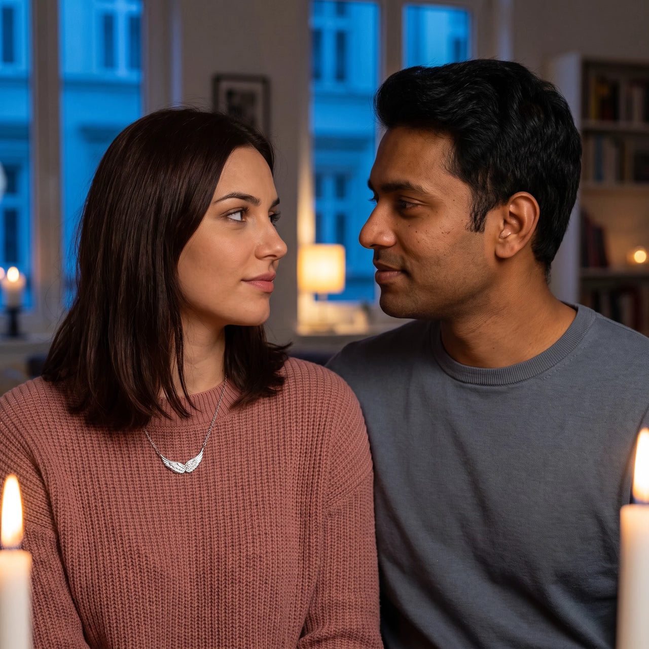 Woman wearing the silver necklace with her partner | SKU: 42001-silver