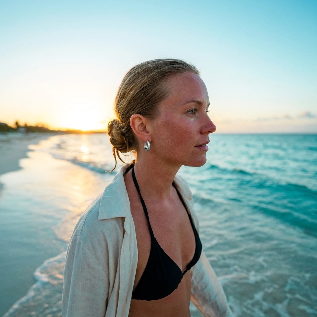 Chunky Dome Hoops in Silver, worn on the beach | SKU: 41005-silver