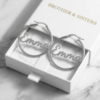 Thumbnail for Custom Name Hoop Earrings in Silver in the Brother & Sisters gift box | SKU: name-hoop-silver-30-mm
