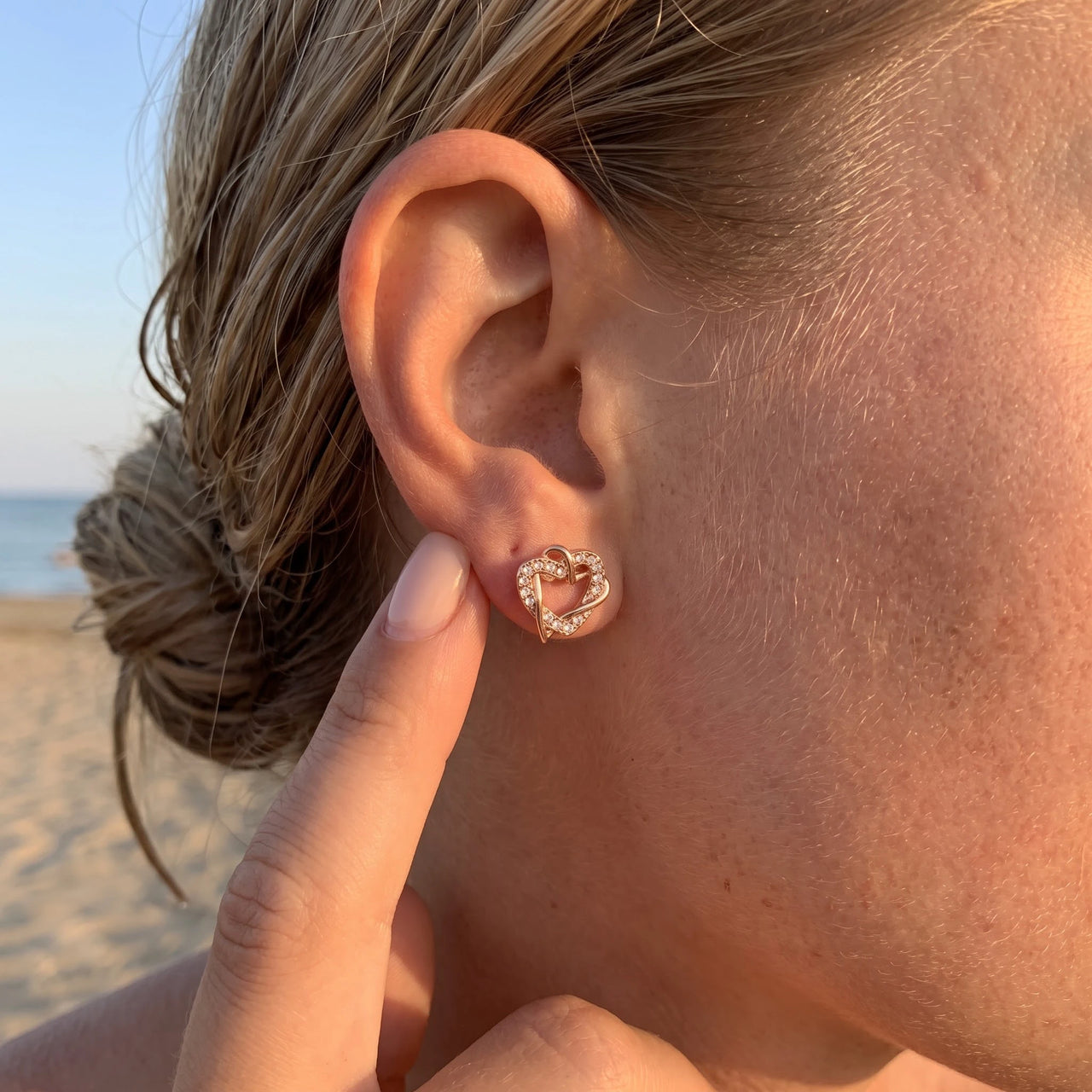 Rose gold heart earrings — worn, real size, rose gold | SKU: 419593-rose-gold