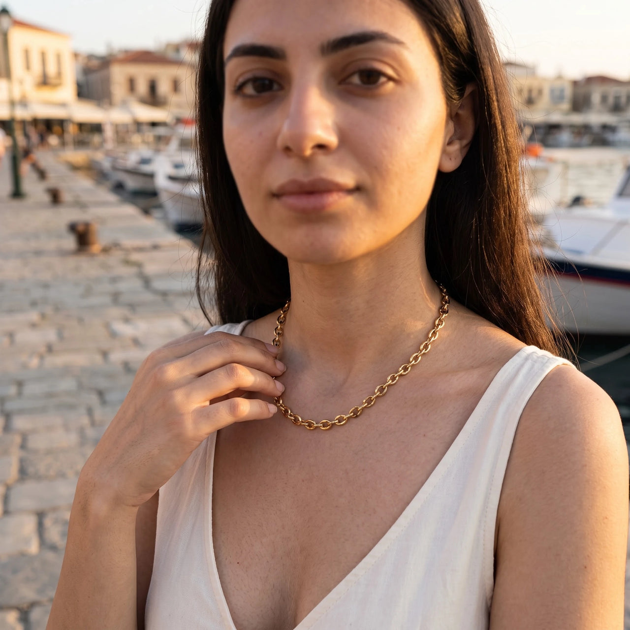 Chunky gold necklace — worn, everyday gesture, gold | SKU: lachaine