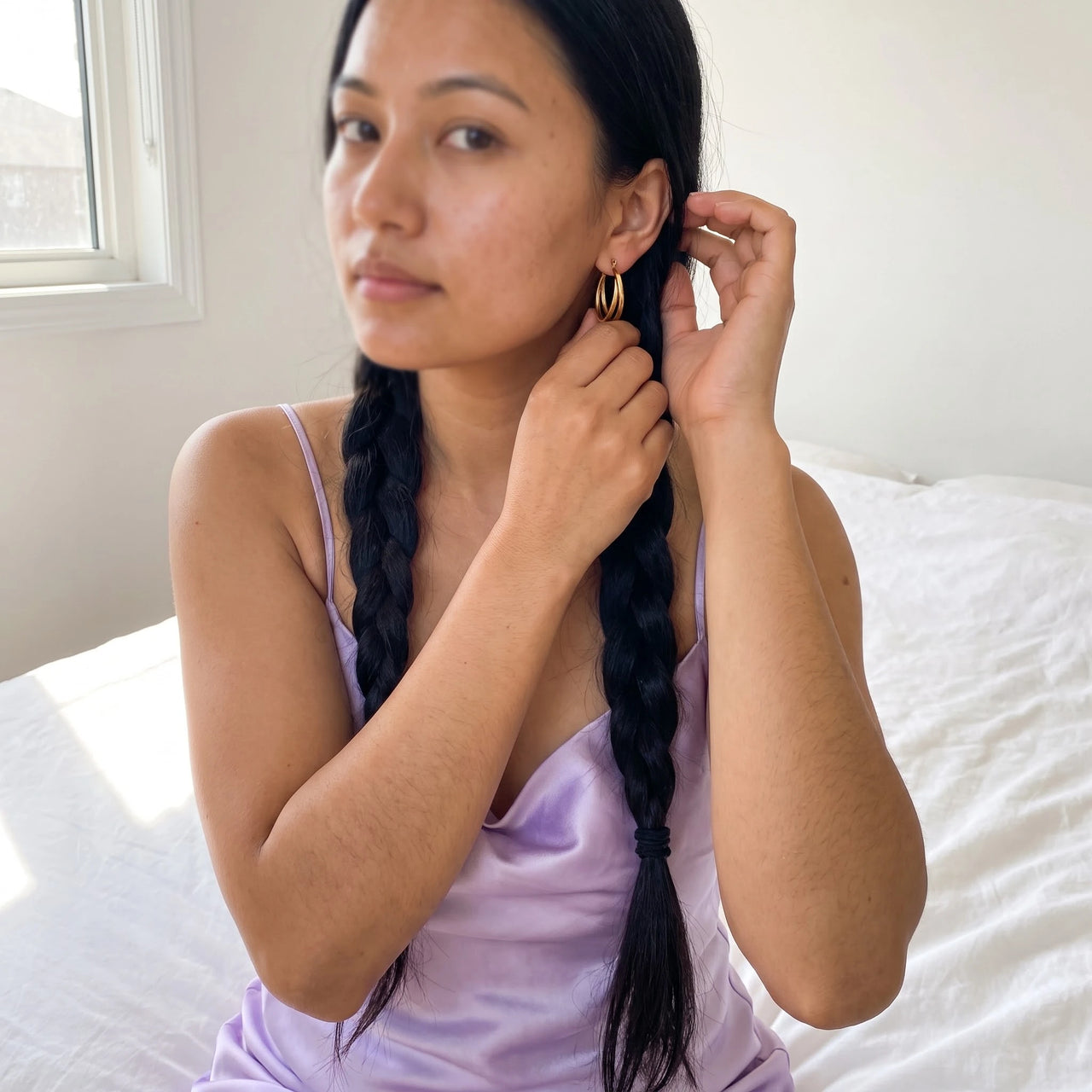 Gold hoop earrings — worn, everyday gesture, gold | SKU: lescroisees
