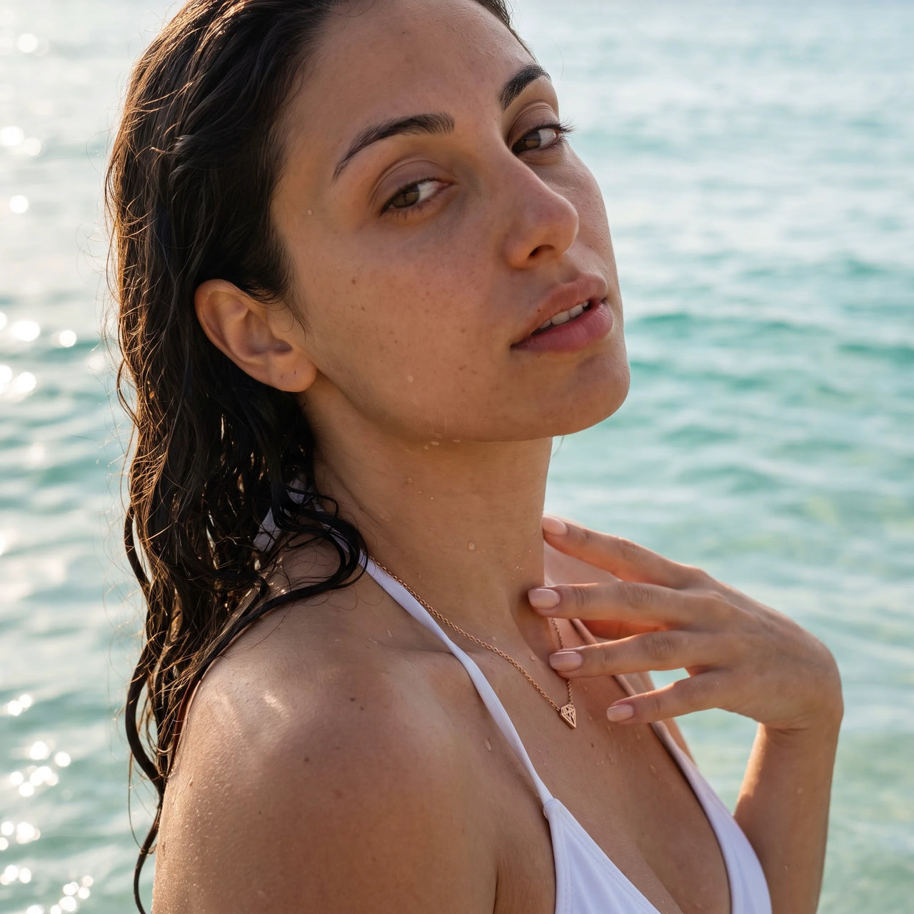 Diamond shape necklace — worn in the water, waterproof, rose gold | SKU: 12791388-rose-gold