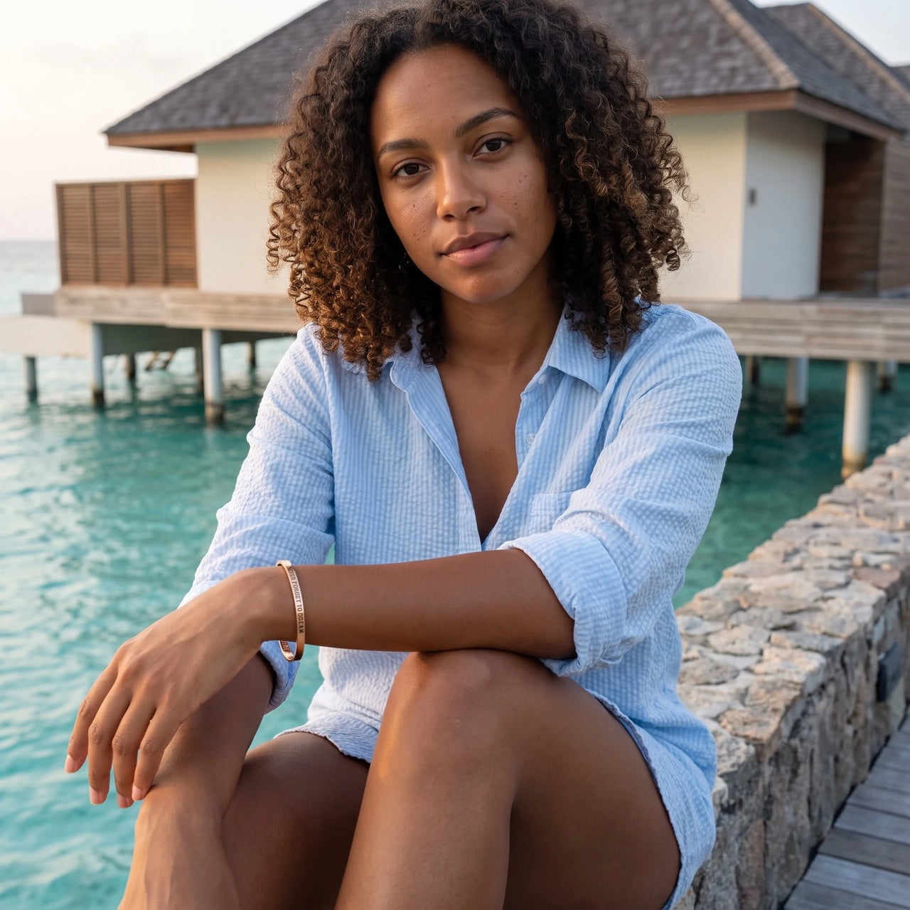 Never Forget To Dream bracelet in rose gold worn on a getaway | SKU: nftd-rg
