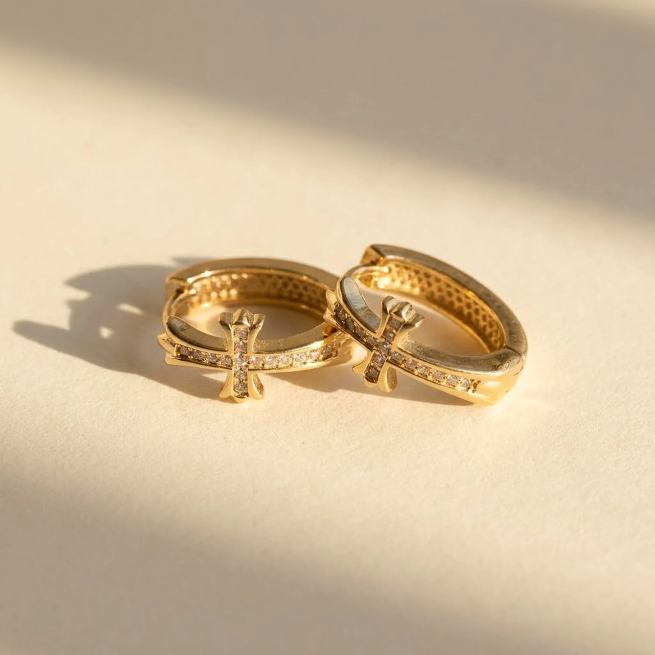 Pave Cross Huggie Hoops in Gold, product photo | SKU: 41006-gold