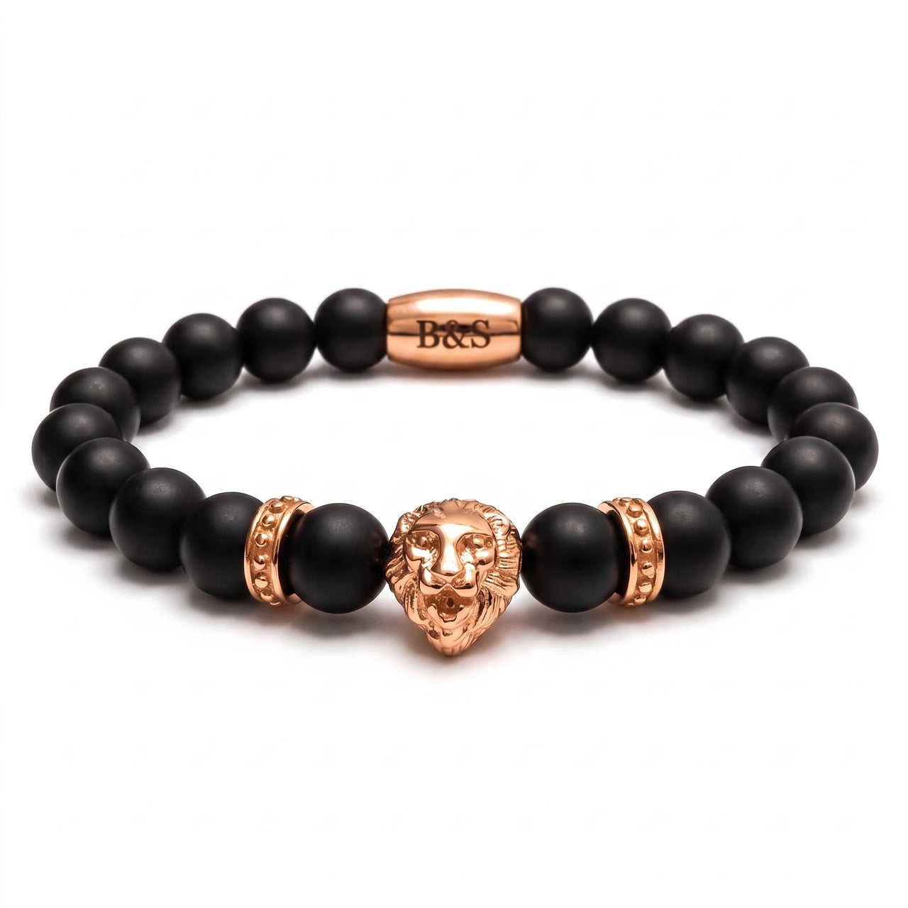 Rose Gold Lion & Black Stones Bracelet – studio packshot | Brother & Sisters | SKU: 20712286-rose-gold-XS-14-15, 20712286-rose-gold-S-16-17, 20712286-rose-gold-M-18-19, 20712286-rose-gold-L-20-21, 20712286-rose-gold-XL-22-23