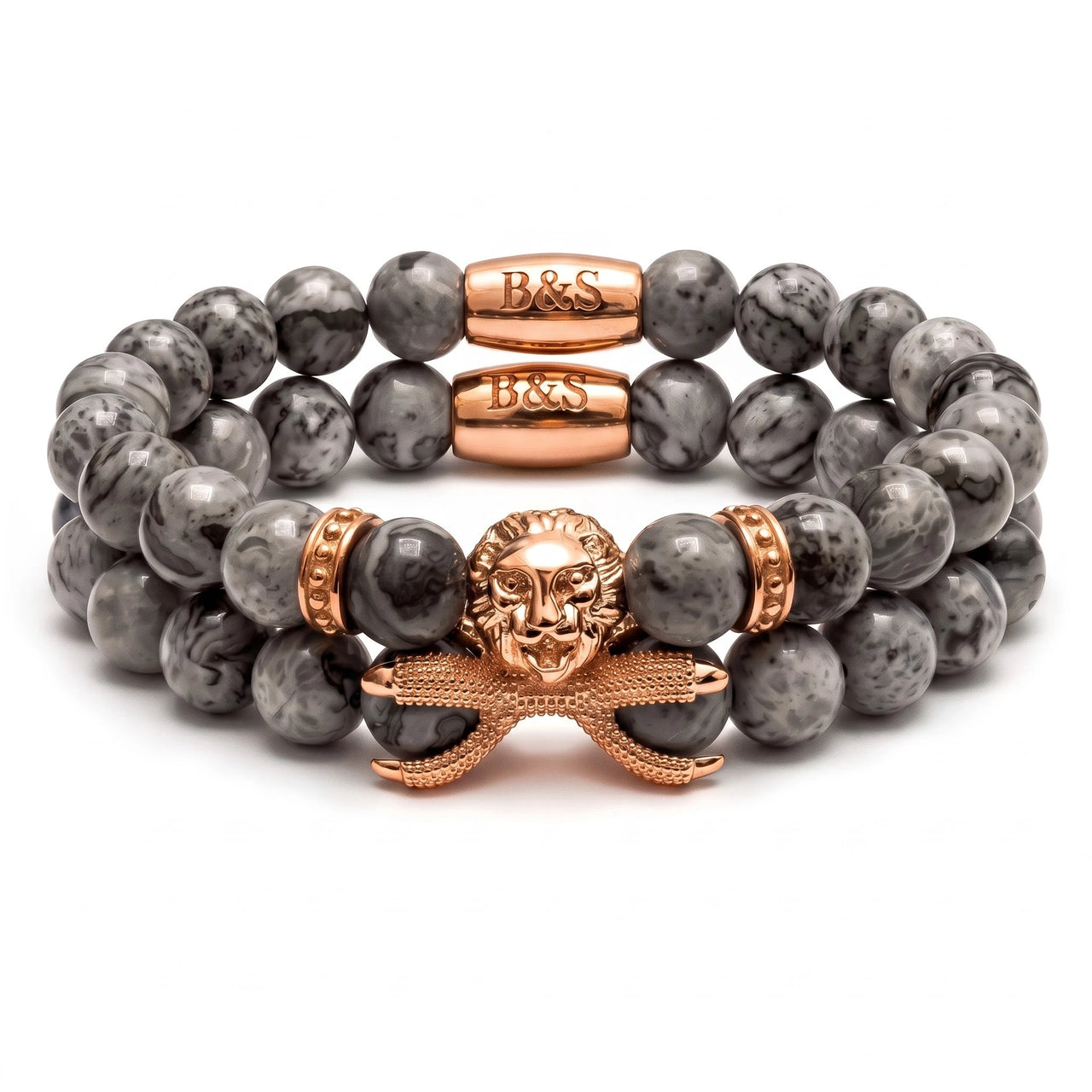 Rose Gold Lion & Grey Stones Set – studio packshot | Brother & Sisters | SKU: 21039839SET-rose-gold-XS-14-15, 21039839SET-rose-gold-S-16-17, 21039839SET-rose-gold-M-18-19, 21039839SET-rose-gold-L-20-21, 21039839SET-rose-gold-XL-22-23