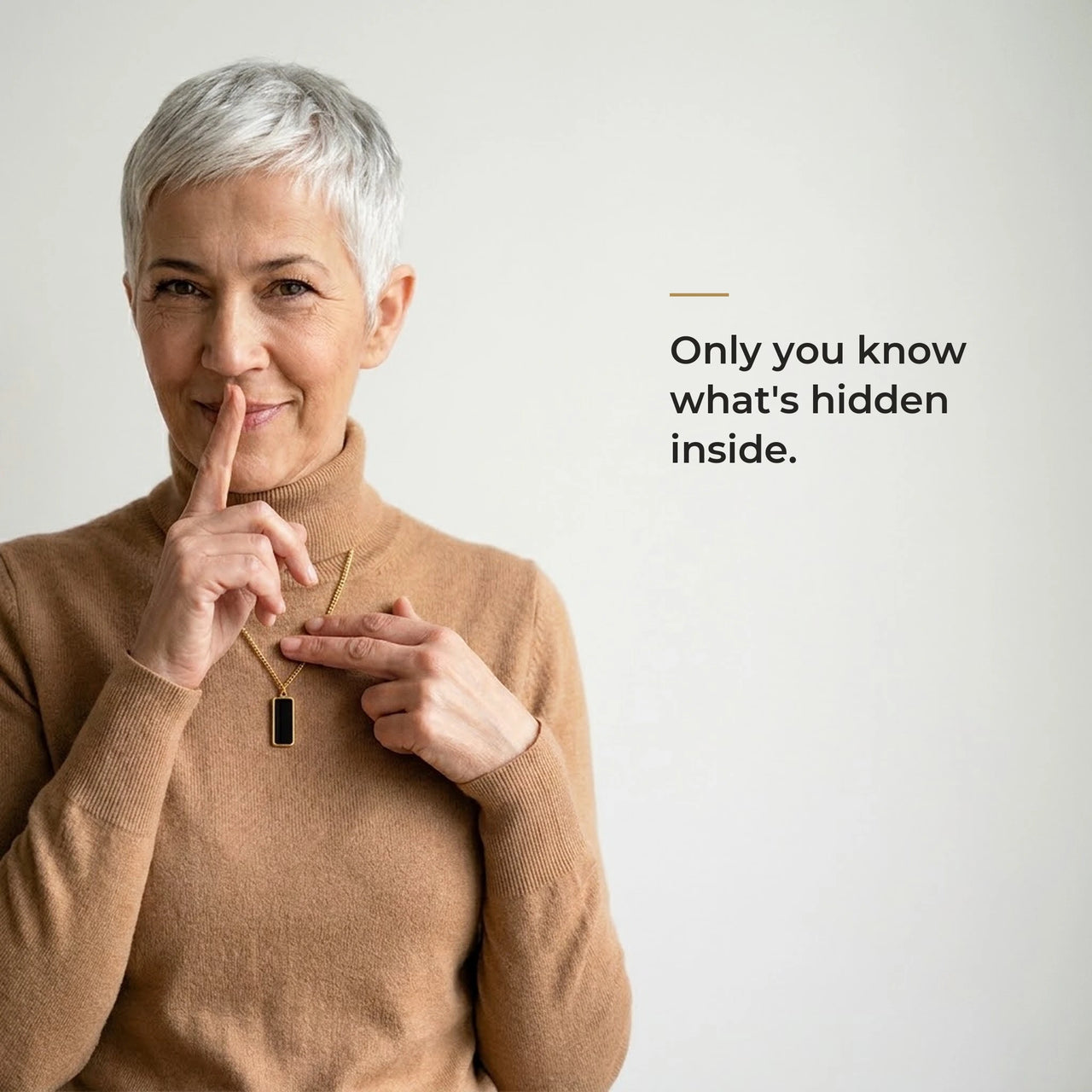 Woman wearing the black gold bar pendant, only she knows the photo inside | SKU: TPH-BARN-GOLD