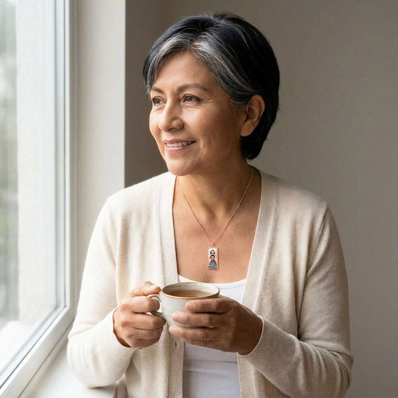 Mother by the window with her rose gold bar photo necklace, her daughter's childhood photo inside | SKU: TPH-BARN-ROSEGOLD