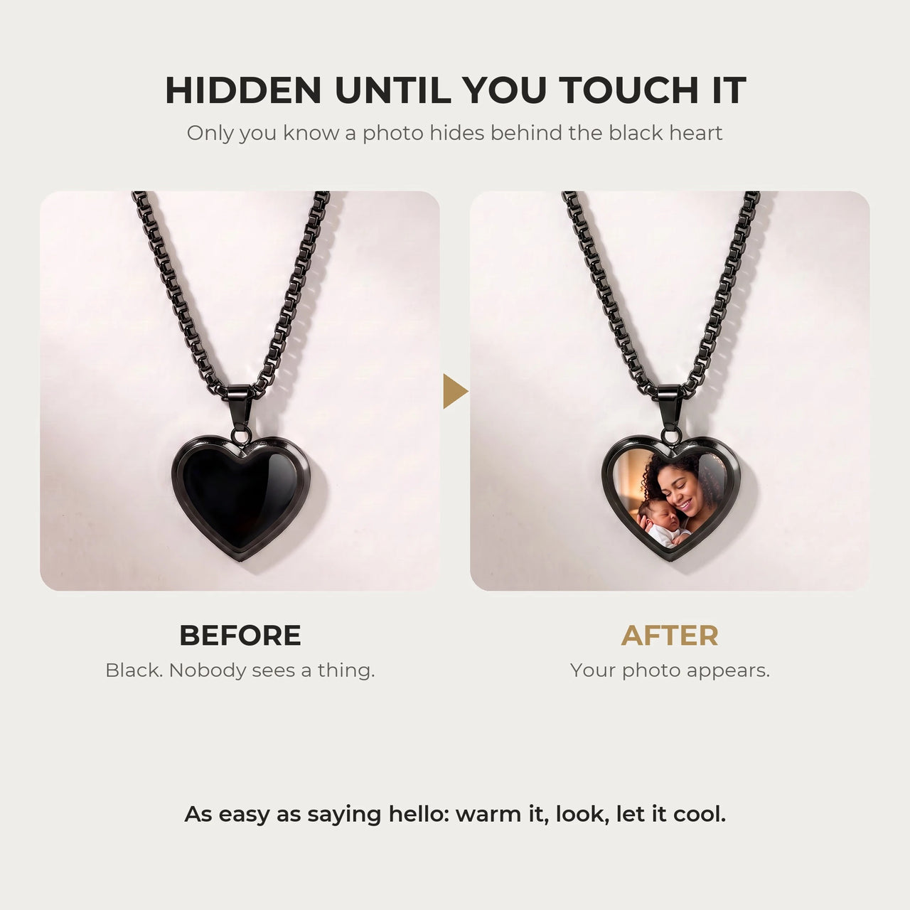 Before and after: the black heart pendant turns from black to the hidden photo with the warmth of a touch | SKU: TPH-CHTN-BLACK-SMALL