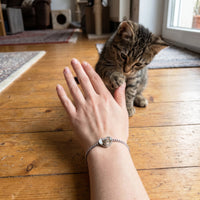 Thumbnail for Customer photo: the silver heart bracelet with her kitten's photo, her kitten in the background | SKU: TPH-HRTB-SILVER