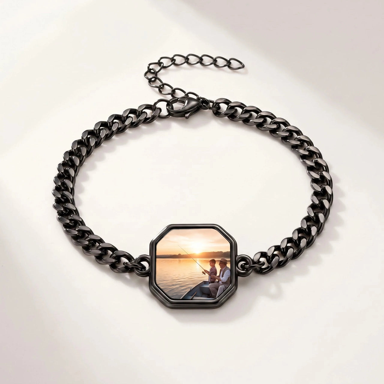 Secret Octagon Photo Bracelet in black, octagon charm on a curb chain with the hidden photo revealed by warmth | SKU: TPH-OCTB-BLACK-18