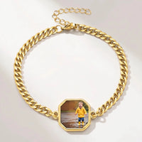 Thumbnail for Secret Octagon Photo Bracelet in gold, octagon charm on a curb chain with the hidden photo revealed by warmth | SKU: TPH-OCTB-GOLD-18