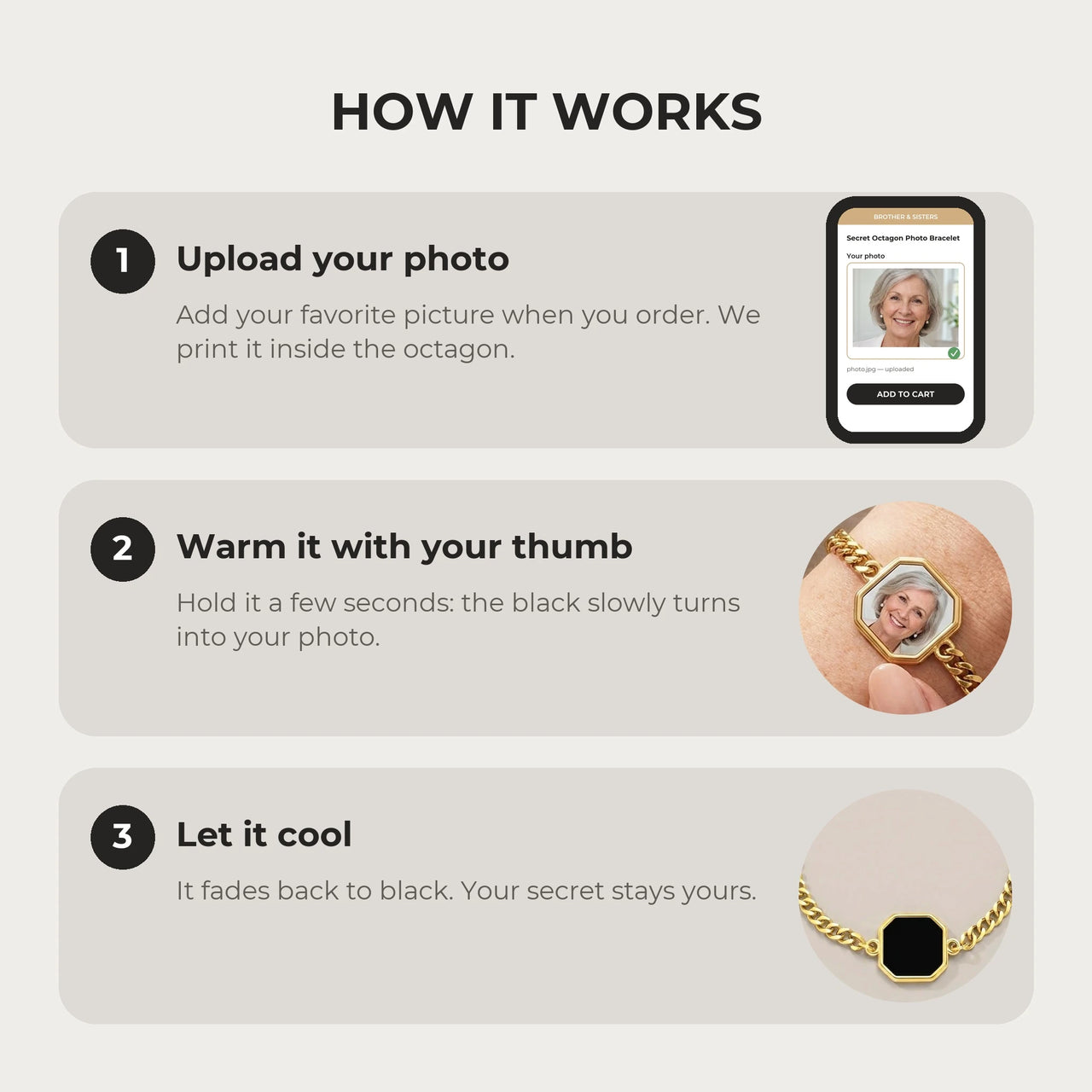 How it works: upload your photo, warm the octagon charm with your thumb, let it cool back to black | SKU: TPH-OCTB-GOLD-18