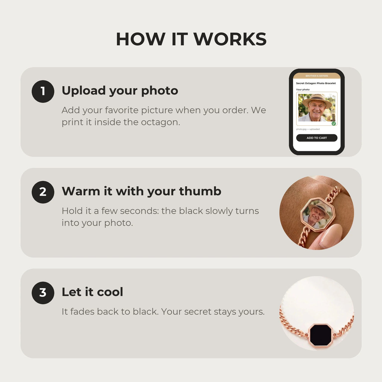 How it works: upload your photo, warm the octagon charm with your thumb, let it cool back to black | SKU: TPH-OCTB-ROSEGOLD-18