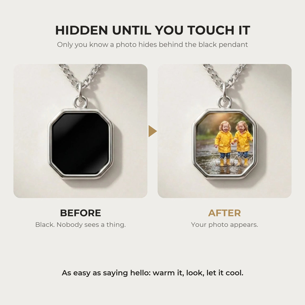 Before and after: black silver octagon pendant, then the photo revealed by warmth | SKU: TPH-OCTN-SILVER