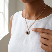 Thumbnail for Looking down at the rose gold round pendant next to her fingertip, real small size, couple photo inside | SKU: TPH-RNDN-ROSEGOLD