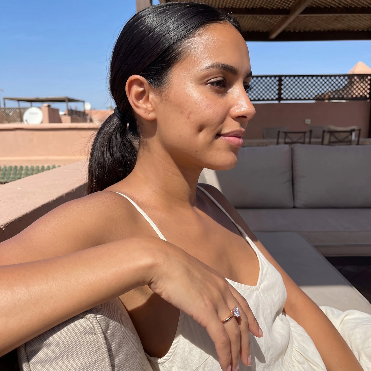 Rose gold solitaire engagement ring — worn on a relaxed day, rose gold | SKU: 33759698-4.5-rose-gold