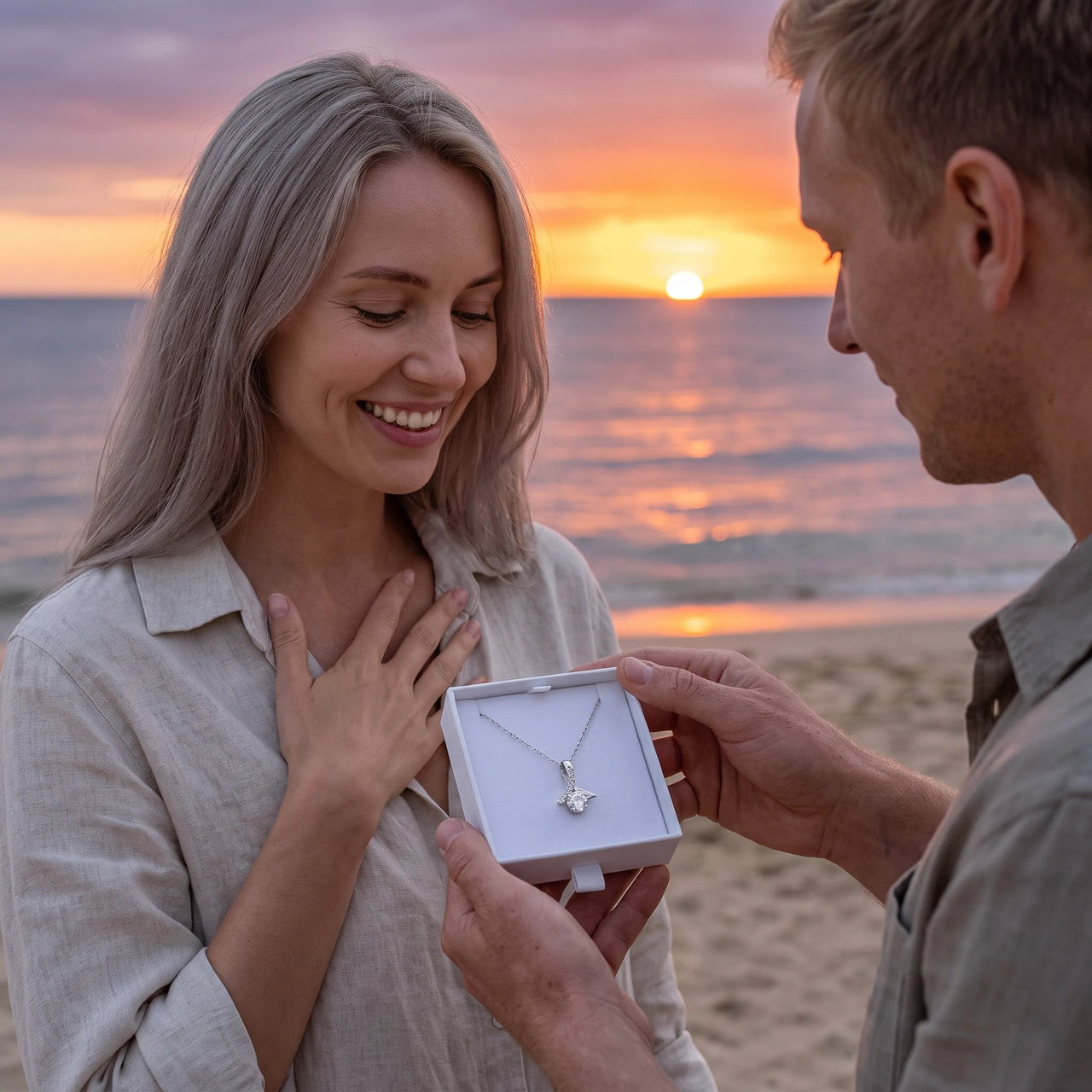 Ribbon necklace — worn by a couple, silver | SKU: 6309048