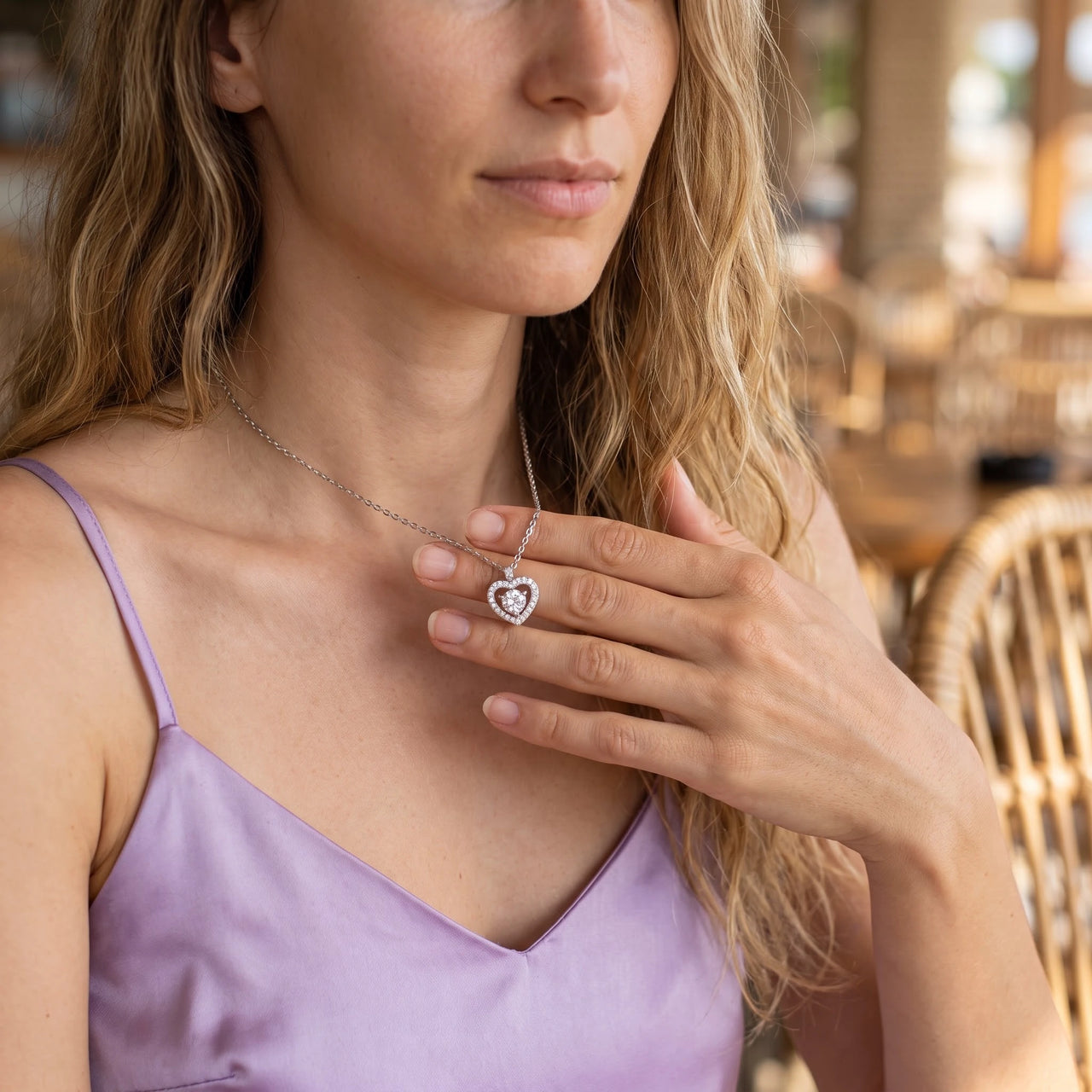 Heart pendant necklace — worn, everyday gesture, silver | SKU: 505744