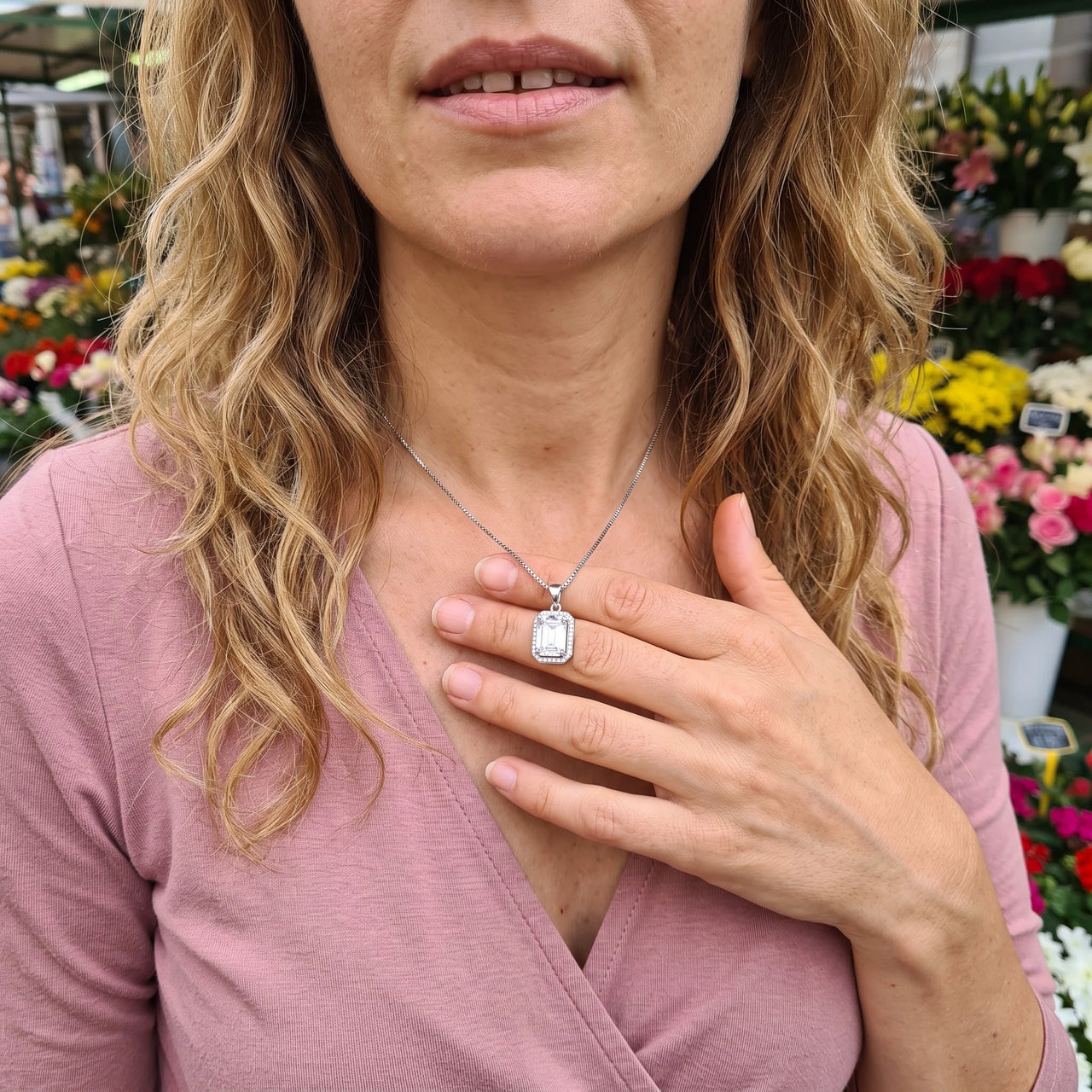 Rectangle necklace — worn, everyday gesture, silver | SKU: 22559056