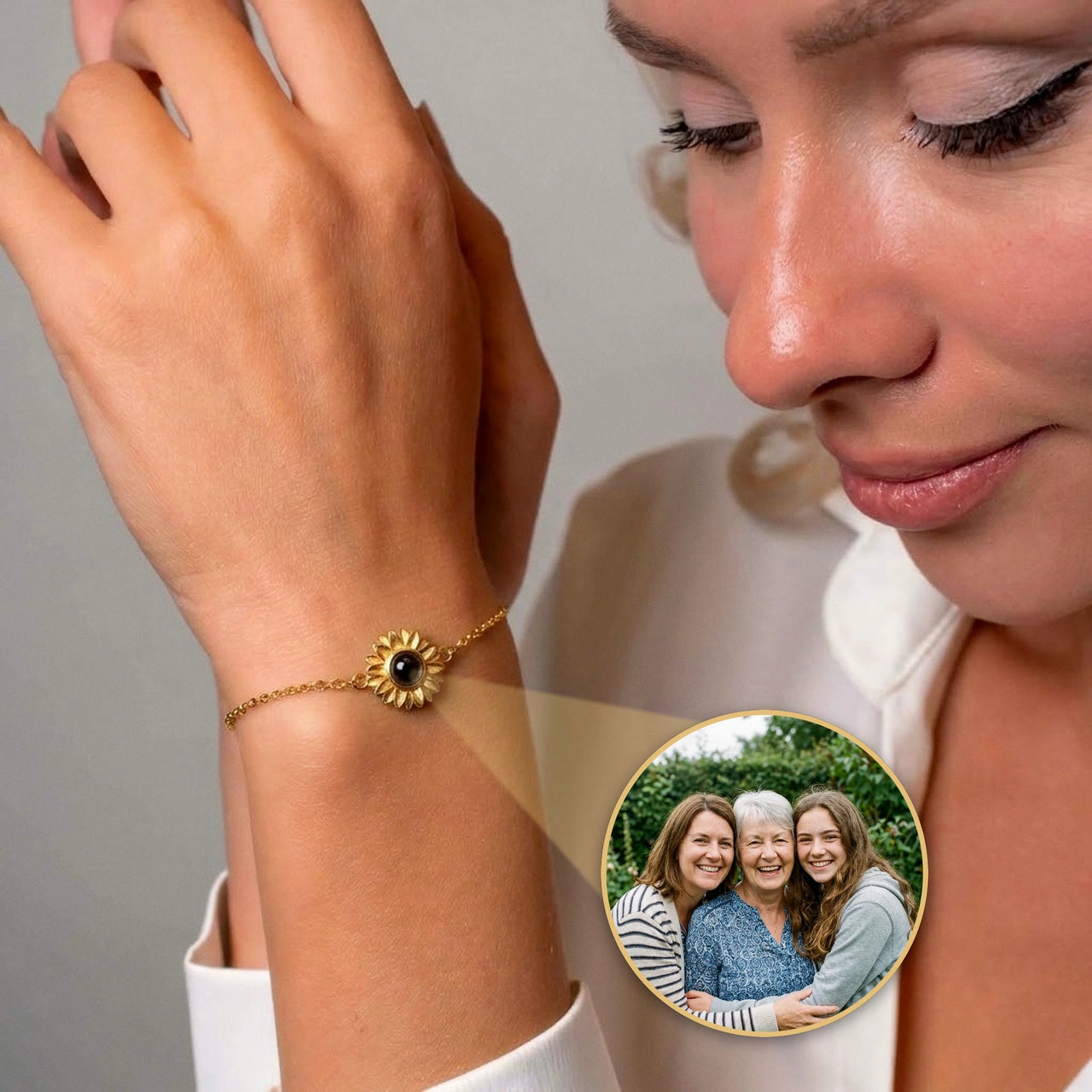 Sunflower Personalized Photo Bracelet Gold - worn on a raised wrist with the projected family photo - Brother & Sisters