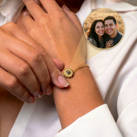 Thumbnail for Sunflower Personalized Photo Bracelet Gold - worn on the wrist with the projected photo of a couple - Brother & Sisters
