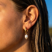 Thumbnail for Twisted Pearl Drop Hoops in Gold, close-up on the earlobe | SKU: 41004-gold