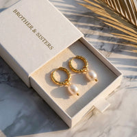 Thumbnail for Twisted Pearl Drop Hoops in Gold, in the gift box | SKU: 41004-gold