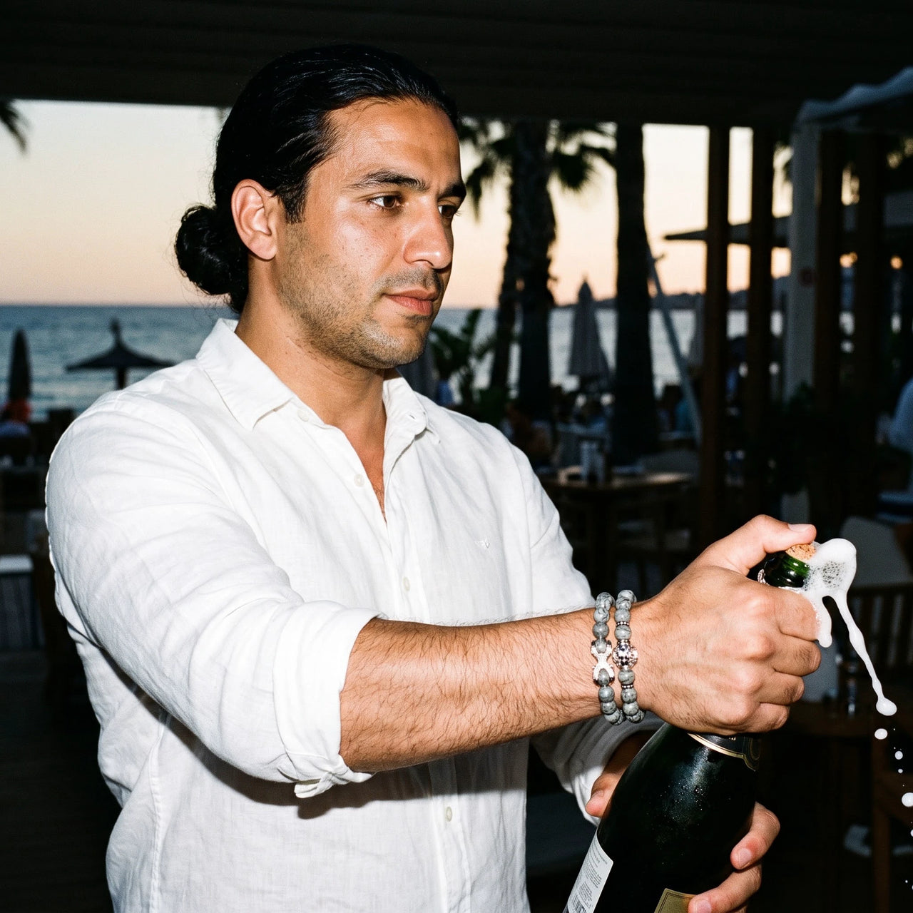 White Gold Lion & Grey Stones Set – worn while opening champagne | Brother & Sisters | SKU: 21039839SET-silver-XS-14-15, 21039839SET-silver-S-16-17, 21039839SET-silver-M-18-19, 21039839SET-silver-L-20-21, 21039839SET-silver-XL-22-23
